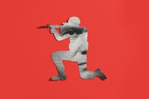 Graphic illustration with a black-and-white photo of Pete Hegseth's face within the silhouette of a soldier kneeling and firing a rifle, on a red background.