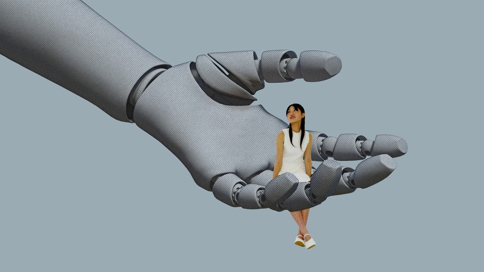 A woman sits on a giant robotic hand