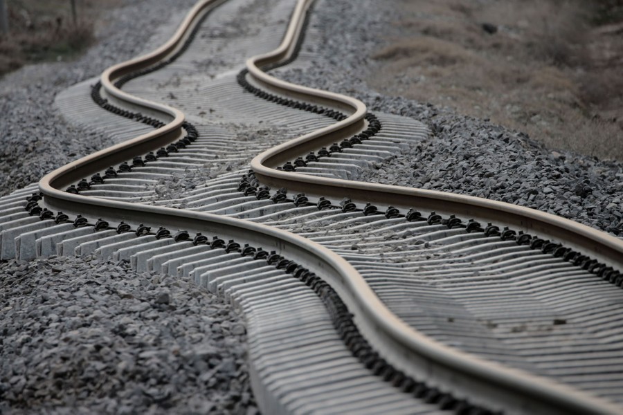 A view of a stretch of railroad track twisted by the earthquake