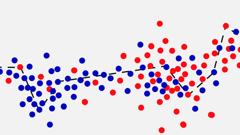 An illustration of a graph with red and blue dots.