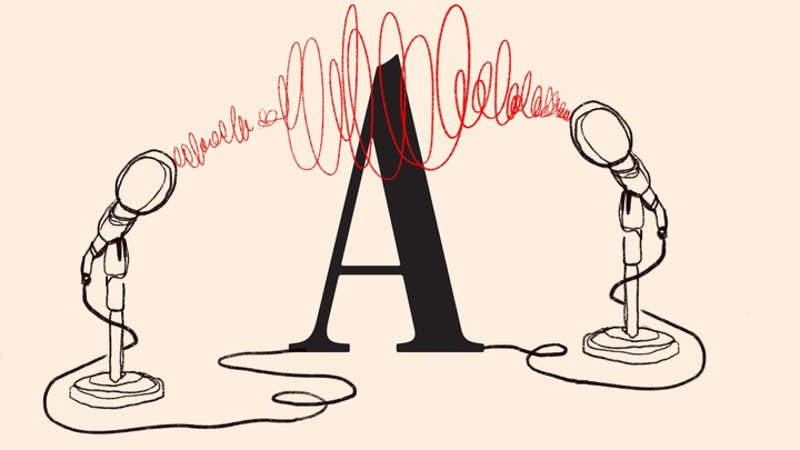 An illustration of the Atlantic "A" with a microphone on each side