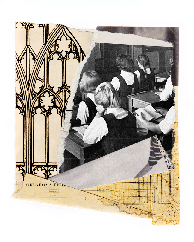 Collage with a photo of children in school and the architecture of a church