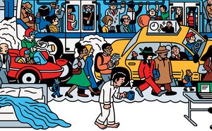 Illustration of a man walking from his bed to computer while imagining a crowded sidewalk in front of a taxi in front of a crowded bus in front of a crowded train