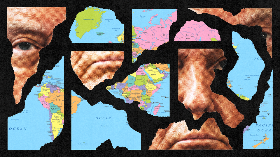 Collage including a map of the world and President Trump's face