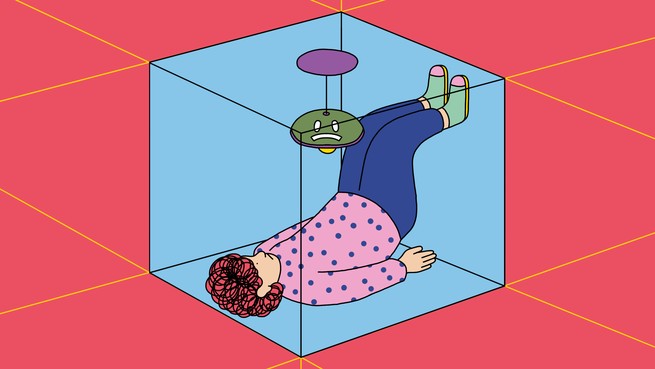 Illustration of a person sleeping on his back trapped in a transparent cube