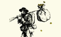 Illustration of Civil War soldier, marching with rifle slung over his shoulder with a bag tied to it shedding gold coins