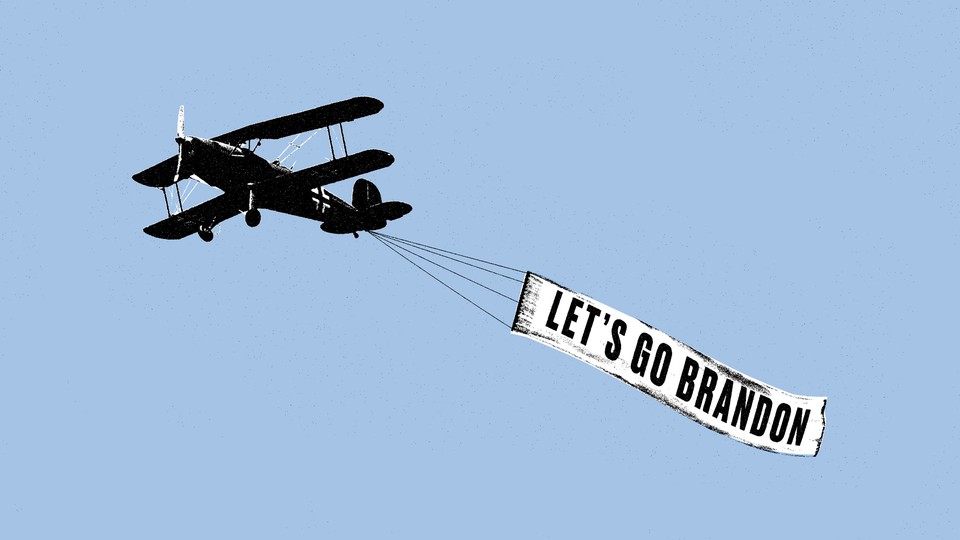 A propeller plane pulls a banner saying "Let's go Brandon"