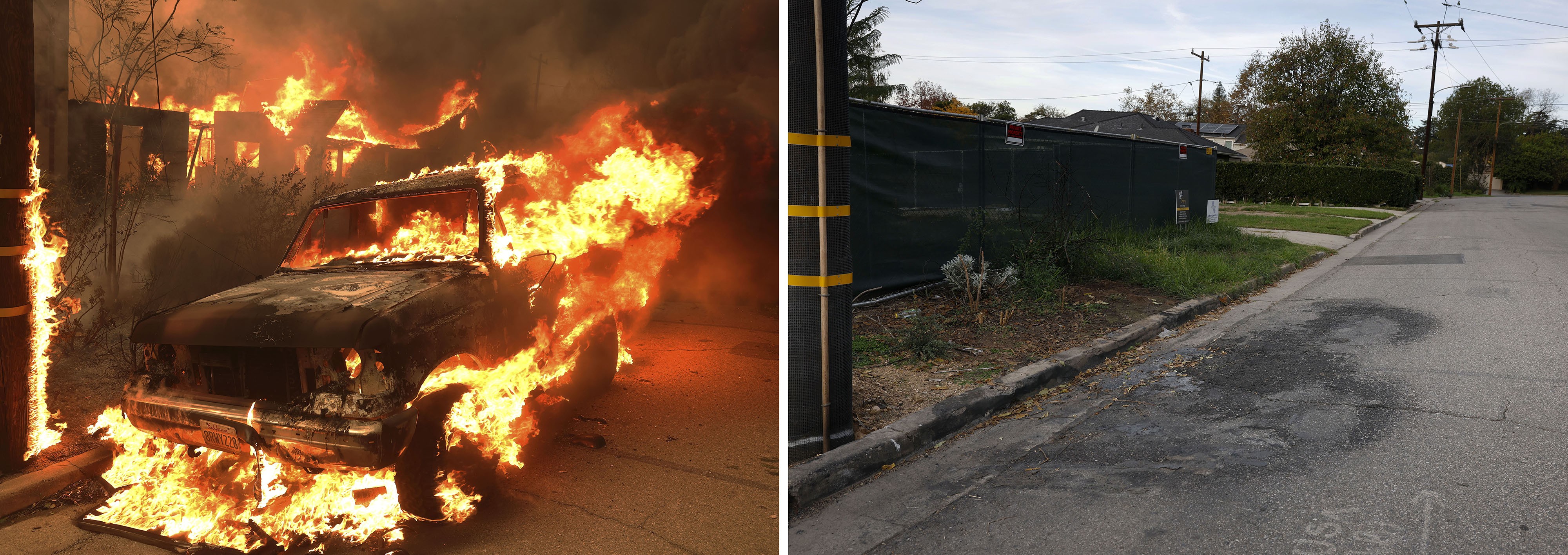A pair of photographs at left showing a car going up in flames, at right, showing a large scorch mark on the street where it had been parked a year earlier