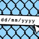 An illustration of an unfilled birthdate box with a cursor hovering over it, against the backdrop of a chain link fence.