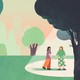 An illustration of two women walking in the woods. A ray of sunshine forms a spotlight; they're standing in it, talking to each other.