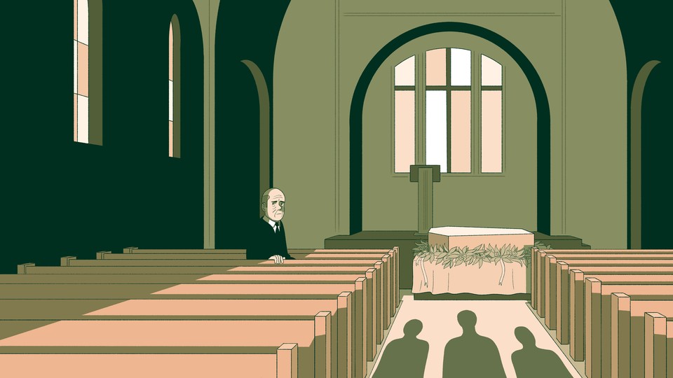 An illustration of a man sitting in a church at a funeral, looking back at three figures entering.