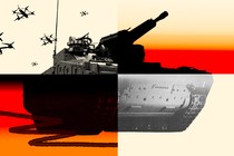 An illustration of a military tank and drones