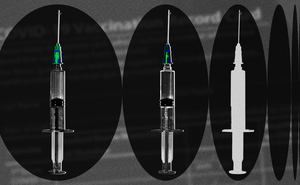 Two multicolored syringes and one white syringe
