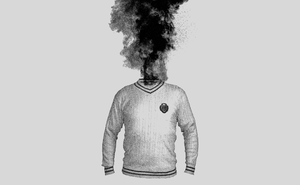 A black-and-white illustration of a sweater with black smoke rising out of the head opening