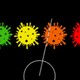 Illustration of colored coronaviruses (green, yellow, orange, and red) with a dial pointing at orange