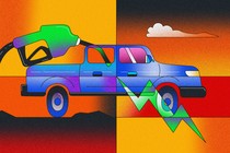 An illustration of a pickup truck with a gas pump and a lightning bolt.
