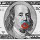 Art of a $100 bill with a pacifier in Benjamin Franklin's mouth