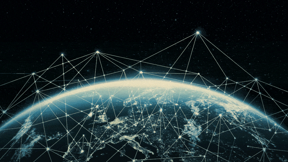 Animated GIF of the Earth with a twinkling network of nodes above it