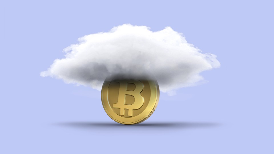 A crypto coin with a cloud over it