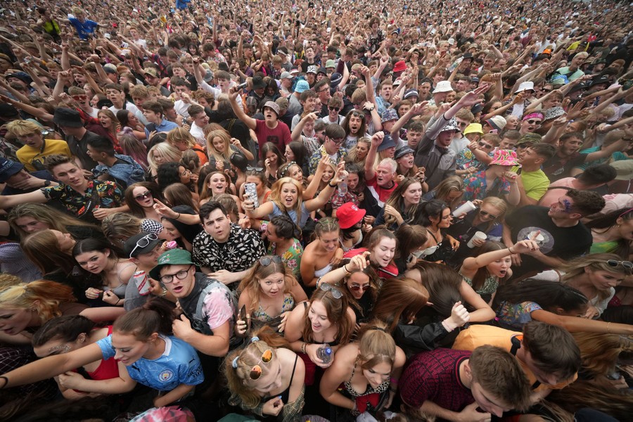 An overhead view of a large festival audience