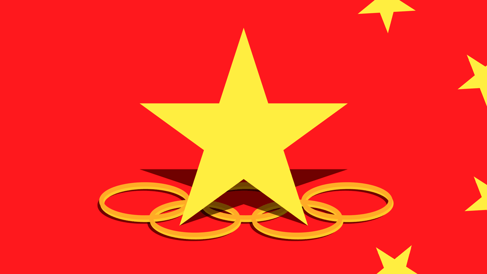 Illustration of Olympic rings and a gold star with a red background.