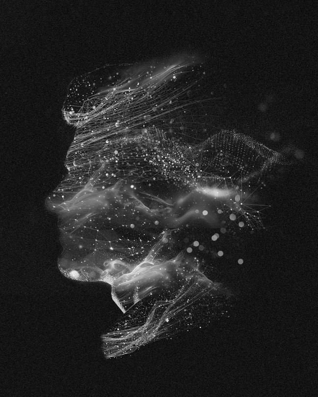 A silhouette of a person formed by waves and stardust