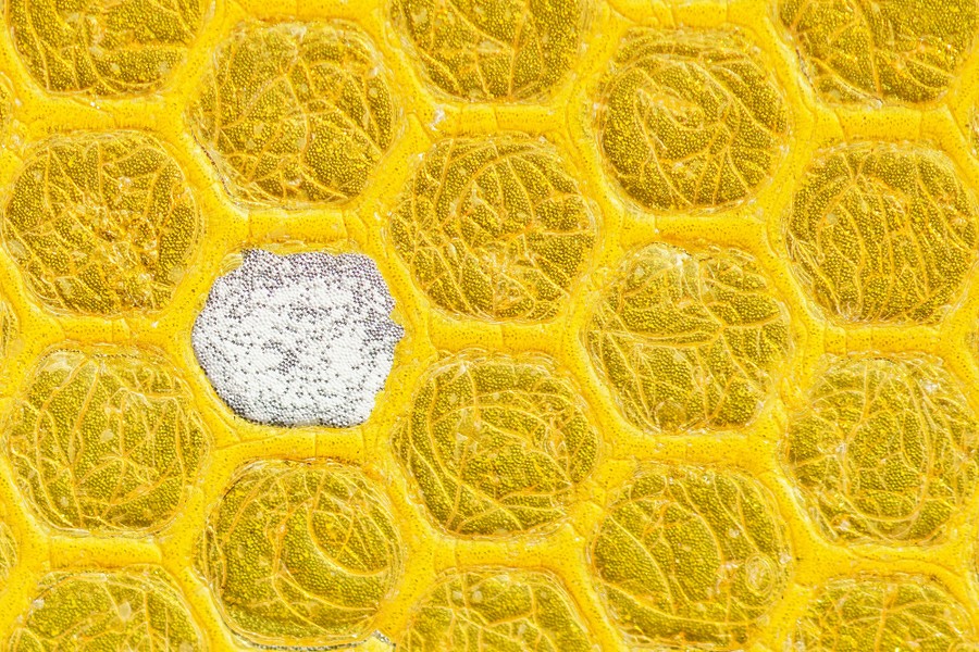 A yellow grid of hexagons, with one single hexagon colored white