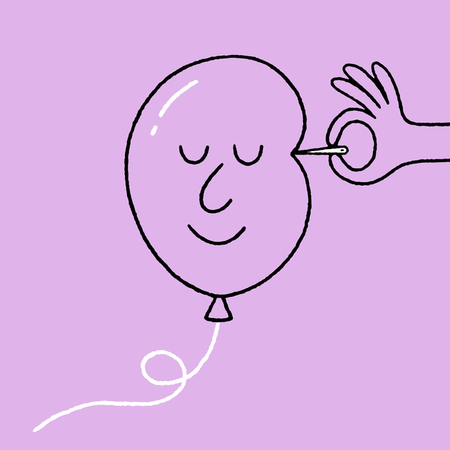 illustration: a needle not popping a smiling balloon