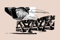 An illustration featuring Yevgeny Prigozhin and marching soldiers