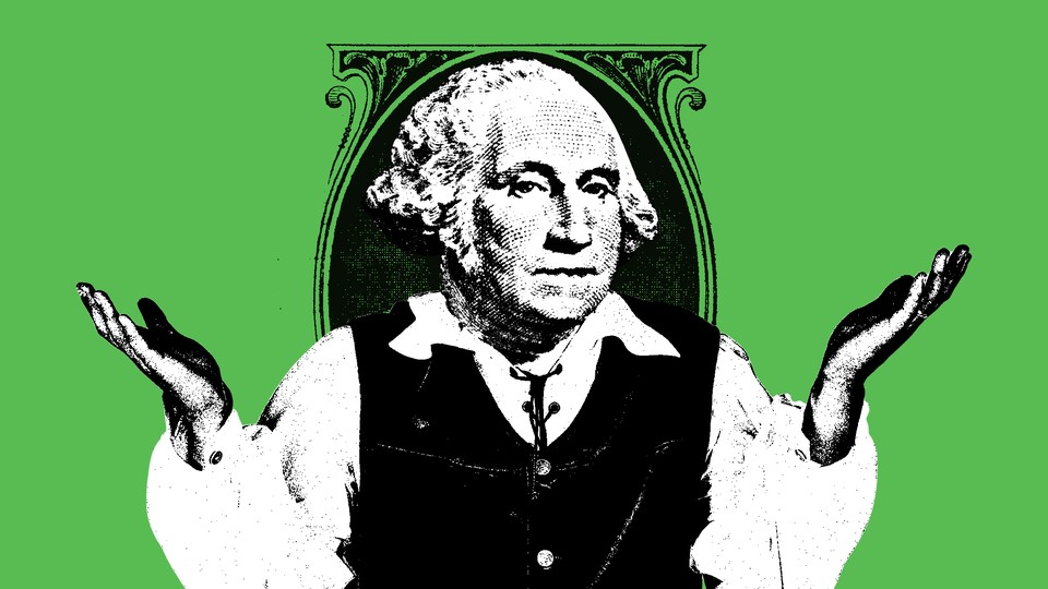 An illustration of the dollar-bill portrait of George Washington shrugging in confusion
