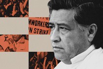 Illustration with black-and-white photo of Cesar Chavez alongside orange tinted photos of raised fists, applause, signs from a worker’s strike, and a man speaking into a megaphone