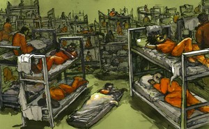 a crowded jail cell in green and orange hues