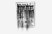 black-and-white ink painted illustration of front page of "The Daily News" newspaper with ink smearing down and dripping off