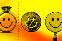 An illustration showing a triptych of smiley faces: one inside a diamond ring, one inside a quarter, and one inside a magnifying glass