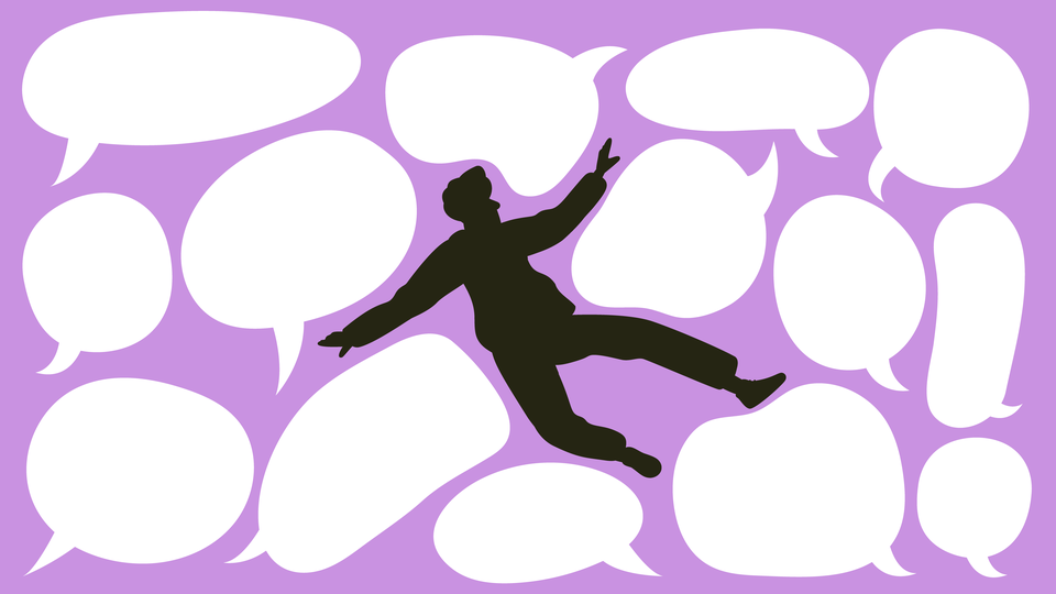 An illustration showing a figure surrounded by speech bubbles