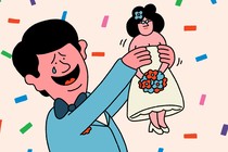 A man adoringly holding up a doll-like version of his wife