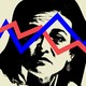 A black-and-white image of Sheryl Sandberg's face covered with spiking line-graph arrows