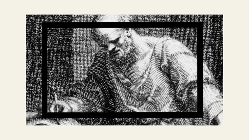 A black-and-white illustration of Socrates writing