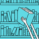 illustration of long arms reaching up to pull a very thick book off a crowded shelf, on blue background