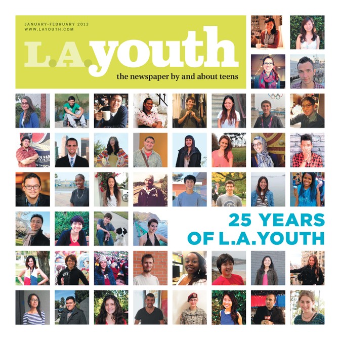 Newspaper cover reading: "L.A. Youth: The newspaper by and about teens." The headline reads: "25 Years of L.A. Youth", surrounded by small square portraits
