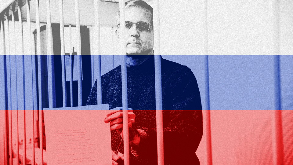 Art of American political prisoner Paul Whelan, who has been imprisoned in Russia for nearly a year. A Russian flag filter is set over a photo of him during a court appearance.