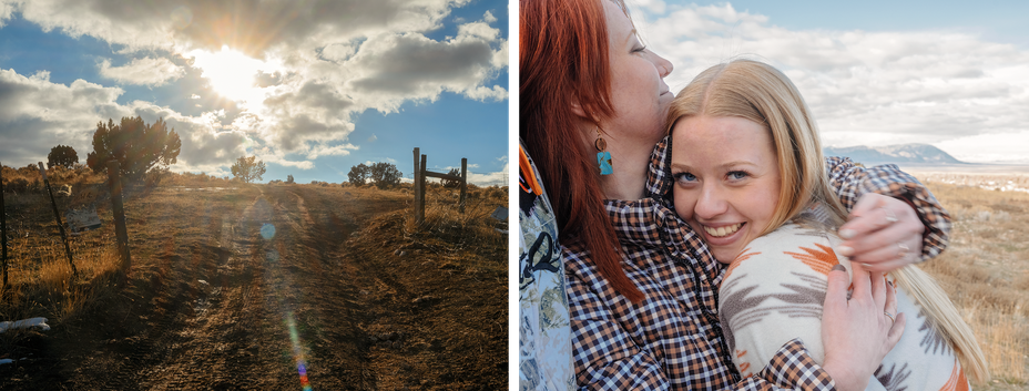 2 photos: sunlit hill with trees, fence, and partially cloudy blue sky; red-haired woman hugs blonde girl looking at camera with sky and mountains in background