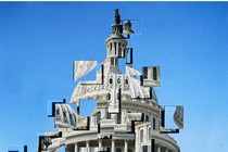 In a photo-illustration, Trump walks down stairs while the Capital building is scrambled up behind him.