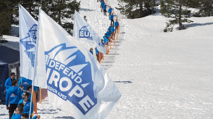 "Defend Europe" activists construct a makeshift barrier along the French-Italian border in April.