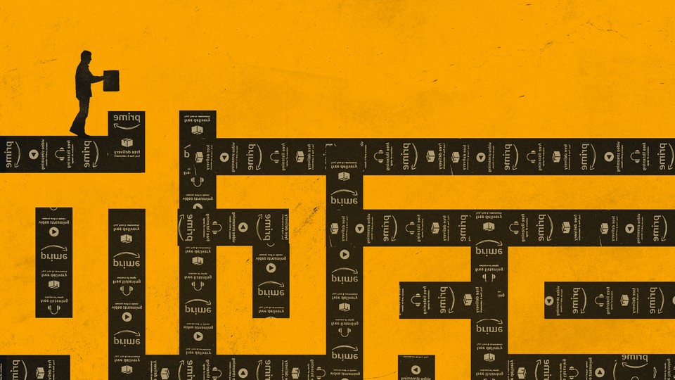 A man with a package in a maze made out of Amazon packing tape