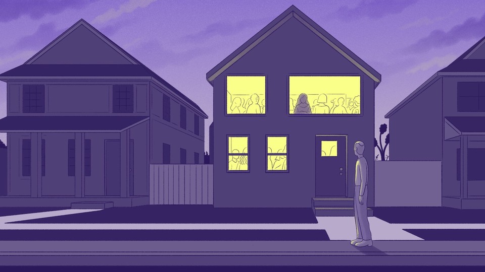 An illustration of a man standing outside a house and looking at the people inside