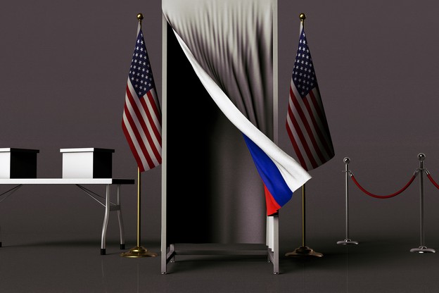 An illustration of a polling booth surrounded by American flags