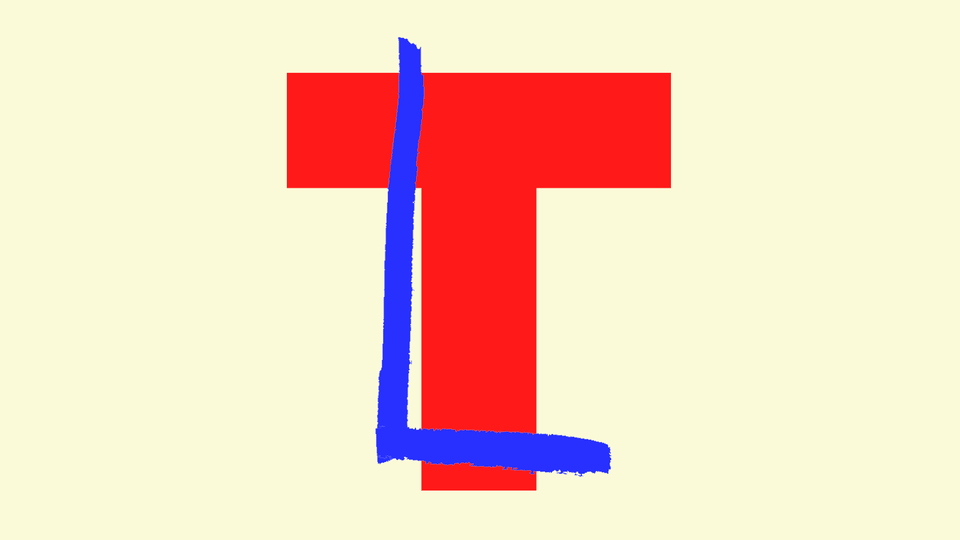 An illustration of a letter "T" with an "L" drawn over.