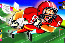 A collage-style illustration of a football player running away with movie script