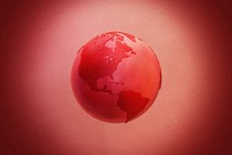 An illustration of Earth in space, cast in various shades of red